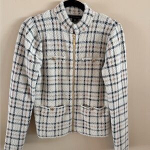 Tahari Cream and Black Plaid Teddy Jacket